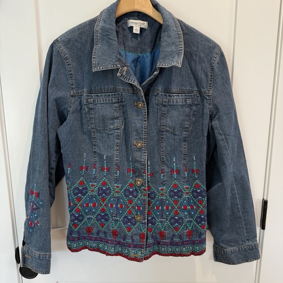 Coldwater Creek Lined Embroidered Denim Jacket Western  Aztec Ranch Style Sz LG - Picture 2 of 11